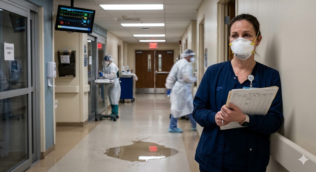 A weary nurse like my client at Inova Alexandria Hospital during the early COVID-19 pandemic, standing isolated while other fully obscured healthcare workers move a gurney in the background. She is wearing an N95 mask, referencing the inadequate PPE concerns cited by the Court of Appeals of Virginia in Inova Alexandria Hospital, et al. v. Santora. This image represents the specific work conditions—not generalized stress—that can lead to compensable PTSD and MDD under Virginia Code § 65.2-401.